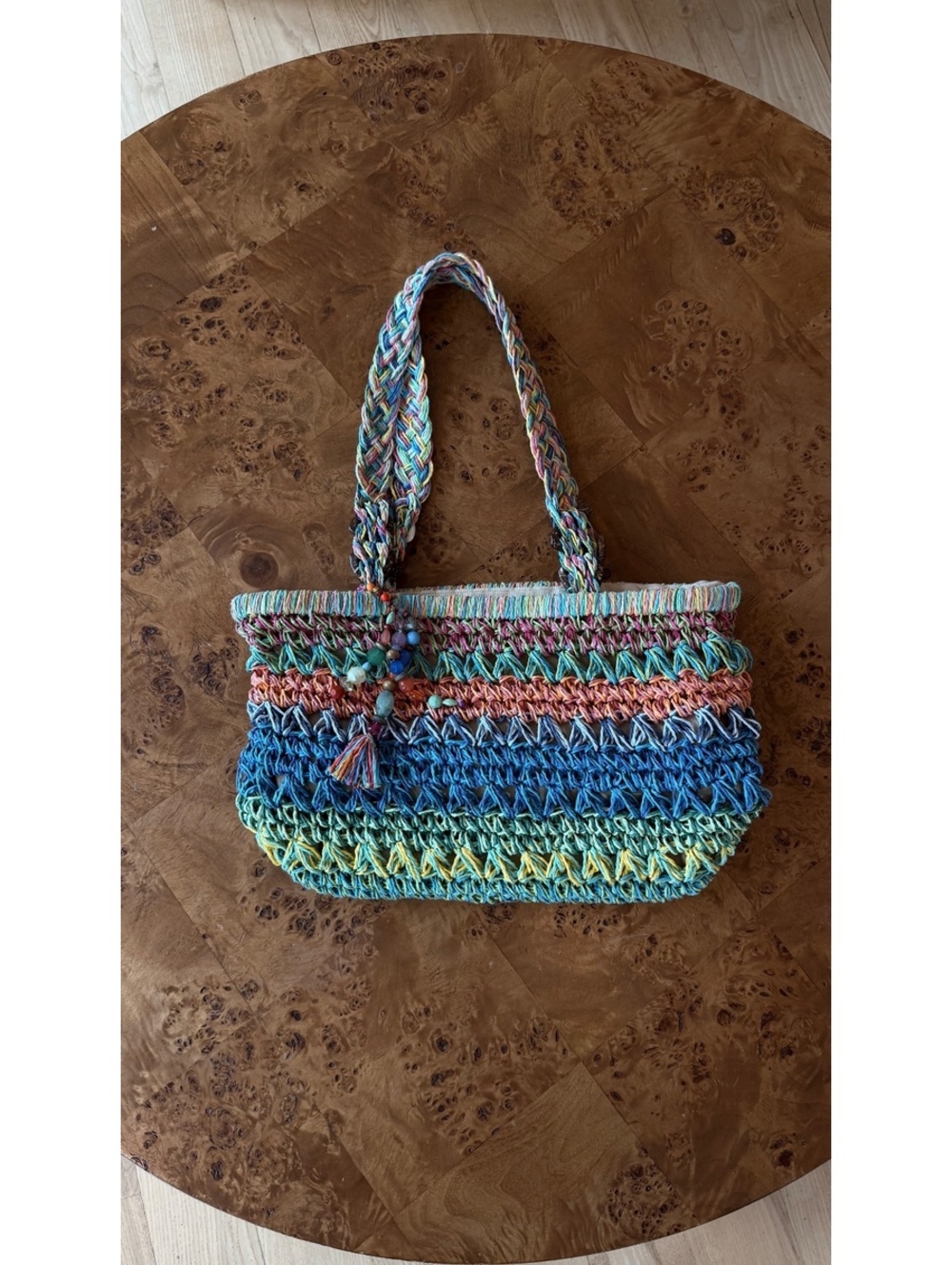 Cappelli Multicolor Crochet Tote Bag with Beaded Tassel Detail